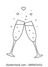 Two glasses of champagne icon. Line drawing. Vector illustration