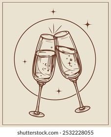 Two glasses of champagne Illustration. celebration, holidays Outline vector. hand drawn sketch