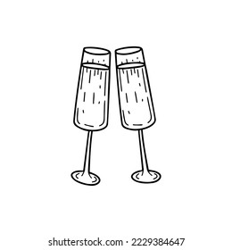 Two glasses of champagne illustration Traditional Christmas beverage in doodle style  Isolated on white