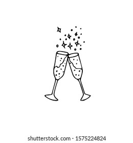 Two glasses of champagne ink hand drawn sketch, winter holiday design element black outline icon on white