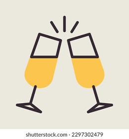 Two glasses of champagne isolated icon. Vector illustration, romance elements. Sticker, patch, badge, card for marriage, valentine