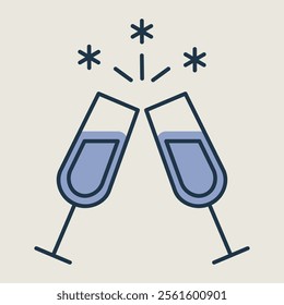 Two glasses of champagne isolated icon. Vector illustration, romance elements. Sticker, patch, badge, card for marriage, valentine
