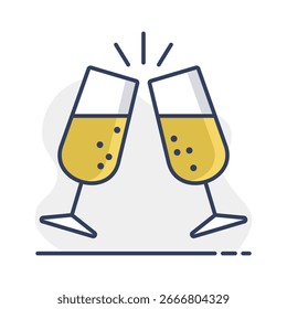 Zwei Gläser Champagner einzeln Symbol. Vektorgrafik, romantische Elemente. Aufkleber, Pflaster, Abzeichen, Karte für die Ehe, Valentine