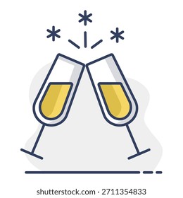 Two glasses of champagne isolated icon. Vector illustration, romance elements. Sticker, patch, badge, card for marriage, valentine