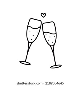 Two glasses with champagne isolated on white. Celebration toast. Vector simple icon