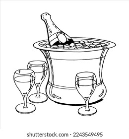 two glasses of champagne isolated on white fizz.Realistic bottle of champagne.