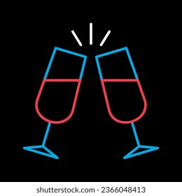 Two glasses of champagne isolated on black background icon. Vector illustration, romance elements. Sticker, patch, badge, card for marriage, valentine