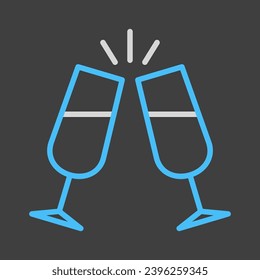 Two glasses of champagne isolated on dark background icon. Vector illustration, romance elements. Sticker, patch, badge, card for marriage, valentine