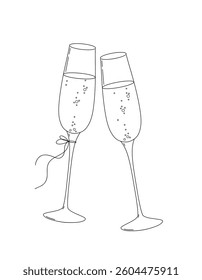 Two glasses of champagne isolated on a white background, black and white graphic festive illustration with a line, vector. An element for weddings, celebrations, decorations, invitations, postcards