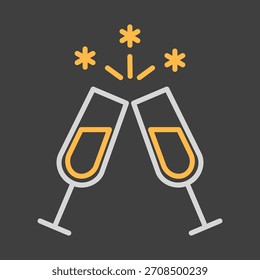 Duas taças de champanhe isoladas no ícone de fundo escuro. Ilustração vetorial, elementos românticos. Adesivo, adesivo, distintivo, cartão para casamento, cartão de namorados