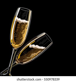 Two glasses with champagne, isolated on a black background, vector illustration.