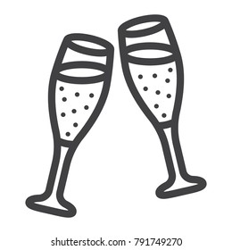 Two glasses of champagne line icon, valentines day and romantic, celebrate sign vector graphics, a linear pattern on a white background, eps 10.