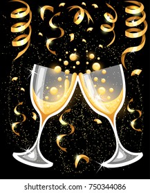 Two glasses of champagne. Merry Christmas and Happy New Year concept. Vector Illustration Vector illustration Web site page and mobile app design.