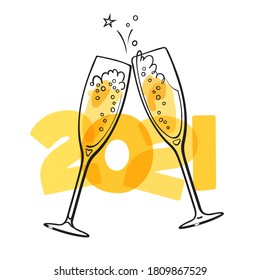 Two glasses of champagne on the  2021 background. Christmas and New Year design. Hand drawn retro style vector illustration.