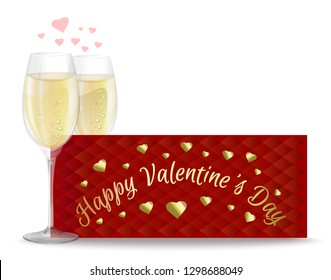 Two glasses of champagne on the background of a greeting card. Valentine's Day design. Vector illustration
