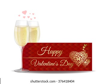 Two glasses of champagne on the background of a greeting card. Gold greeting inscription on an abstract red background. Happy Valentine's Day. Vector Valentine's Day banner.