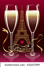 Two glasses of champagne on the background silhouette of the Eiffel Tower in Paris. France Inscription on the tape. Vector illustration with transparent glasses.