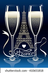 Two glasses of champagne on the background silhouette of the Eiffel Tower in Paris. France Inscription on the tape. Vector illustration with transparent glasses.