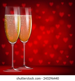 Two glasses of champagne on red background