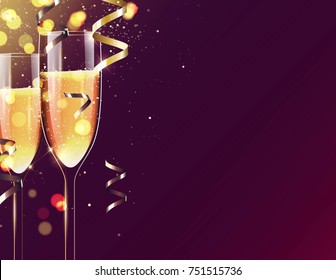 Two glasses of champagne on sparkling holiday background. Happy new year festive background. Vector illustration