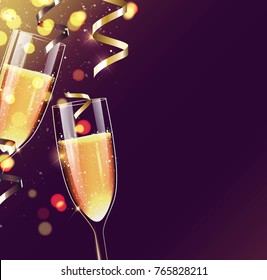 Two glasses of champagne on sparkling holiday background. Happy new year festive background. Vector illustration