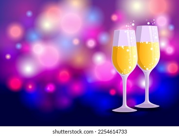 Two glasses of champagne on violet bokeh background. Vector illustration.