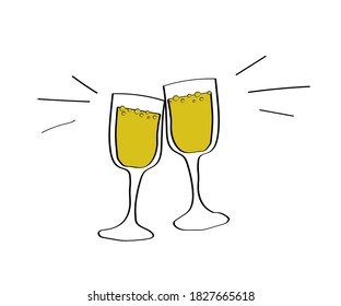 Two glasses of champagne on a white background. Cartoon. Vector illustration.