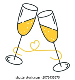 Two glasses with champagne on a white background. Sparkling wine in glass glasses. Valentine's Day February 14th. Lovers. Vector line graphics. Icon, sticker.