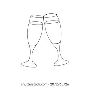 Dos copas de champán de una línea de arte. Dibujo continuo de las vacaciones de año nuevo, navidad, tradición, cumpleaños, vino, alcohol, licor, ron, cóctel, bebida, alegría.
