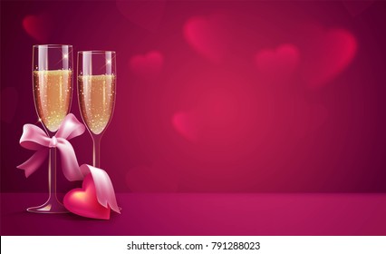 Two glasses of champagne with pink ribbon on pink background. Beautiful romantic background with place for text for Valentines day. Vetor illustration