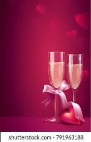 Two glasses of champagne with pink ribbon on pink background. Beautiful romantic background with place for text for Valentines day. Vetor illustration