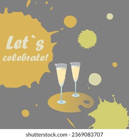 Two glasses of champagne  placed on an artist's palette. Grunge spot background. Card, print or poster vector design.