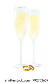 Two glasses with champagne and ring, isolated