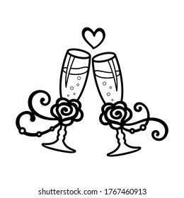 Two glasses of champagne and small heart on a white background. Wedding stemware with rose and ribbon. Vector sign, icon, emblem and label for wedding, engagement, birthday, New year and Christmas