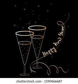 two glasses of champagne with snowflakes and streamer ribbon