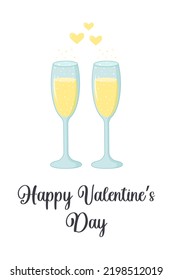 Zwei Gläser Champagner mit funkelnden Bläschen und gelben Herzen.  Alles Gute zum Valentinstag. Grußkarte oder Poster. Das Tageskonzept der Liebe und des Valentins.