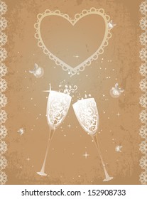 Two glasses of champagne, sparkling and shining. Retro style, fireflies as symbol of happiness and romance. EPS10