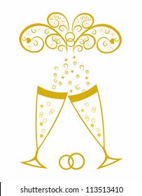 Two glasses of champagne. Splash of golden colored wine. Logo. Isolated background. Wedding glasses. Family celebration. Meeting of friends. Alcohol event. logo, sign. Advertising. Vector illus