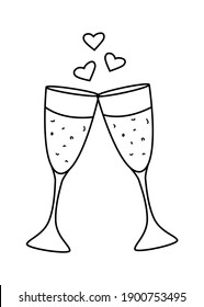 Two glasses of champagne with splashes of hearts, vector illustration, icons on white.