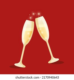 Two glasses with champagne and splashes, New Year celebration, Valentine's Day, birthday, isolated vector illustration on red background