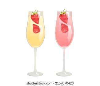 Two glasses of champagne with strawberries.A glass of pink champagne and golden.Vector illustration.The concept of drinks.