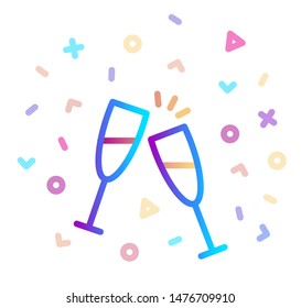 Two glasses of champagne surrounded by festive decor. Stylized vector icon