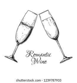 Two glasses of champagne. Text Romantic wine. Vector illustration