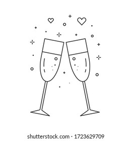 Two glasses of champagne thin line icon. Sparkling wine and heart shaped love and romantic symbols logo template.