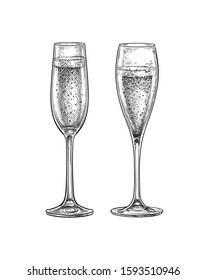 Two glasses of champagne various shapes. Ink sketch isolated on white background. Hand drawn vector illustration. Retro style.