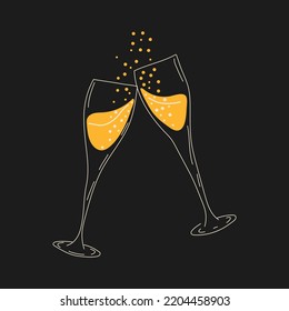Dos copas de champán. Vector al estilo de las caricaturas. Todos los elementos están aislados