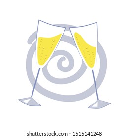 Two glasses with champagne, vector illustration on white background. Chin-chin glass with sparkling wine concept. Xmas party sticker. Winter holiday greeting card design element. New Year clipart