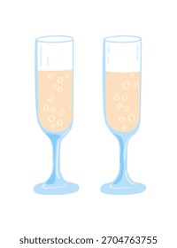 Two glasses of champagne. Vector illustration isolated on white.
