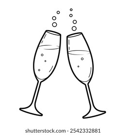 Two glasses of champagne or wine. Cheers with wineglasses. Cheers icon. Outline illustration, isolated on white background, design elements
