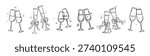 Two glasses of champagne or wine, collection in doodle style. Alcohol and cocktail drink menu. Champagne glasses make cheers. Celebration, party, holiday symbol